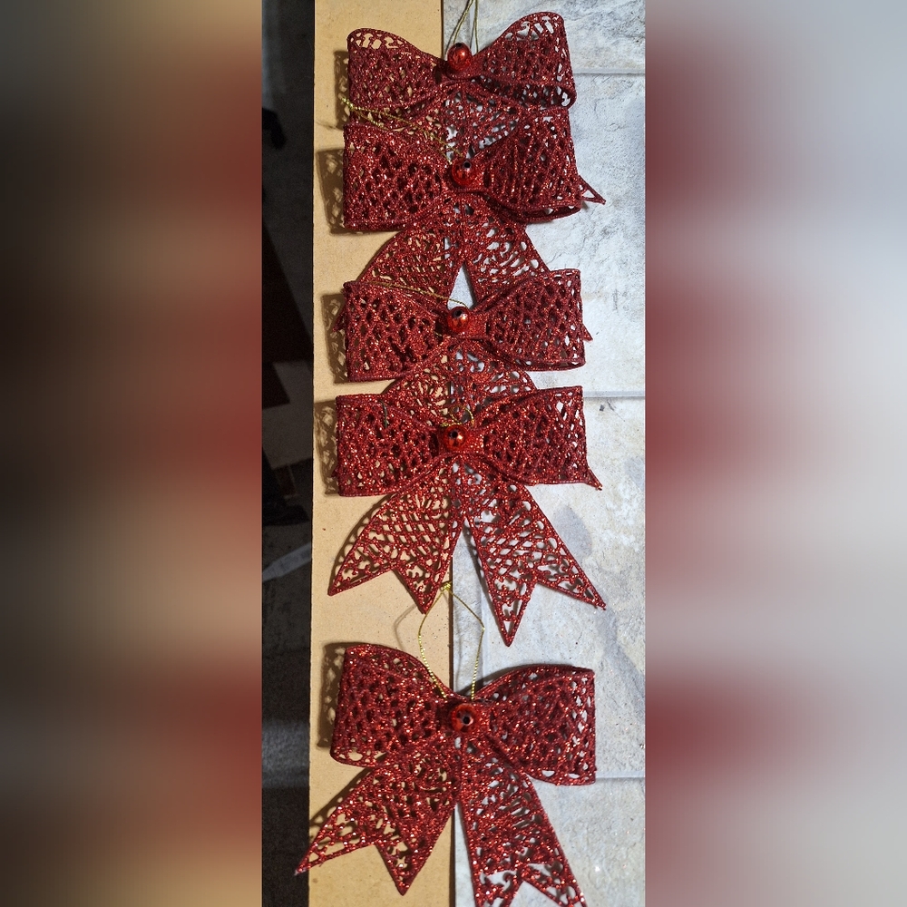 5 pack red glitter bow ornaments